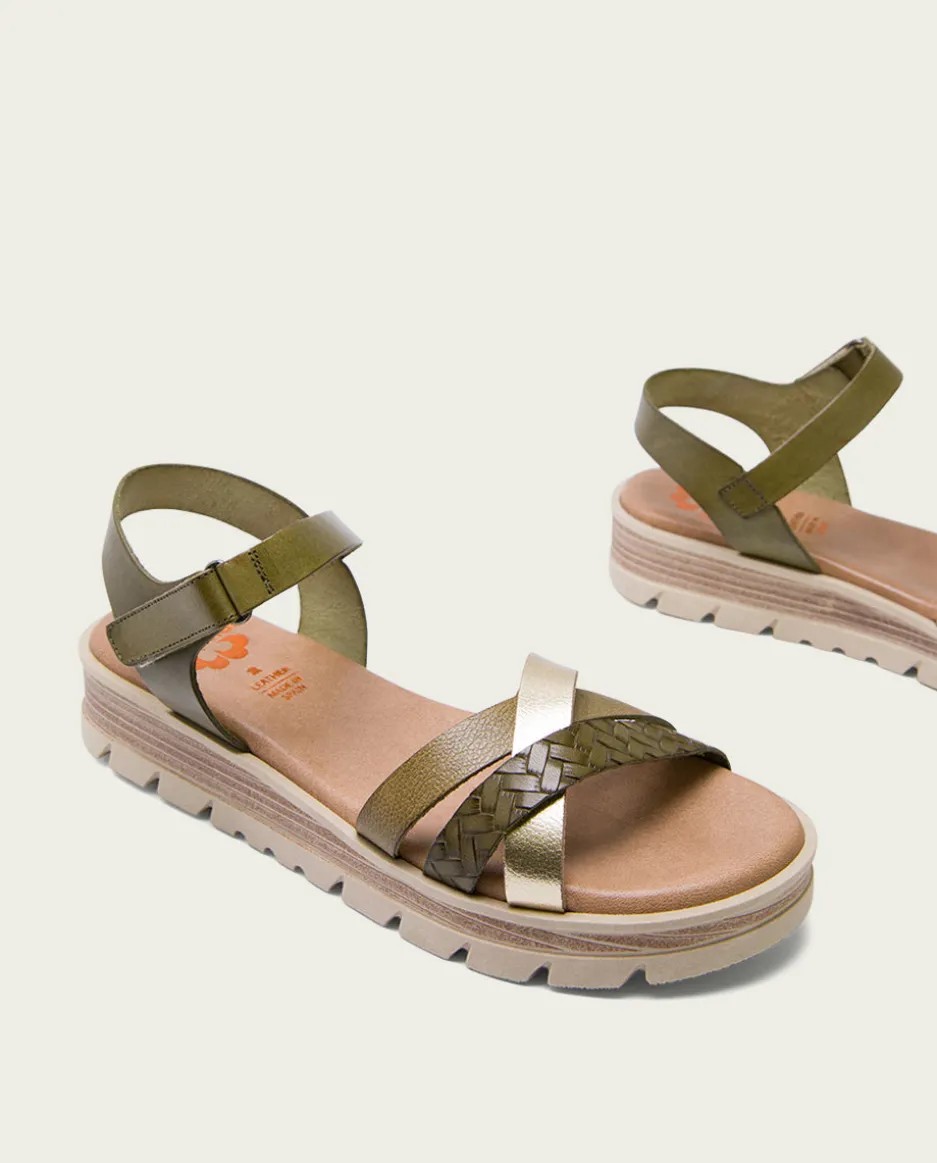 Sandalia Cuña Piel Kaki Platino Belinda