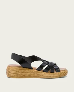 Sandalia Cuña Piel Negra Ganga