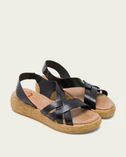 Sandalia Cuña Piel Negra Ganga