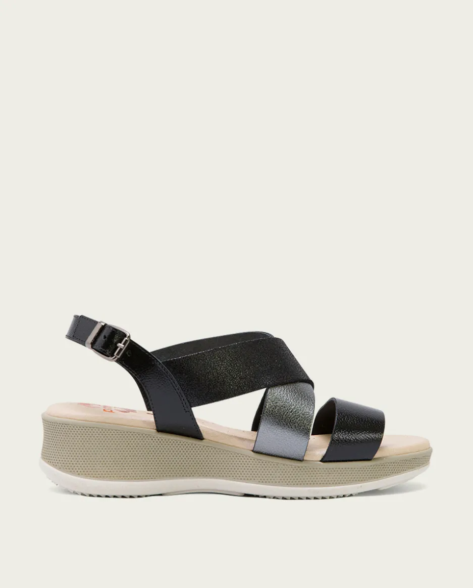 Sandalia Cuña Piel Negro Plomo Fiama
