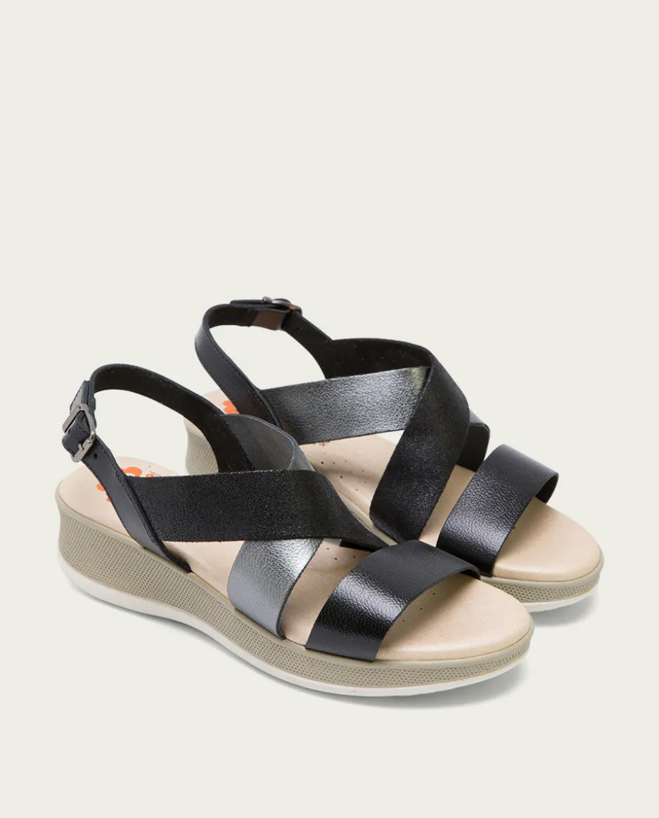 Sandalia Cuña Piel Negro Plomo Fiama