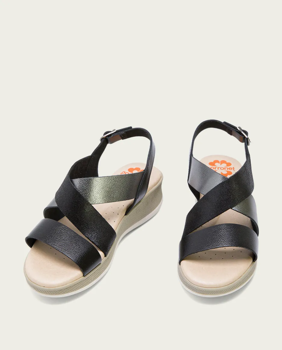 Sandalia Cuña Piel Negro Plomo Fiama