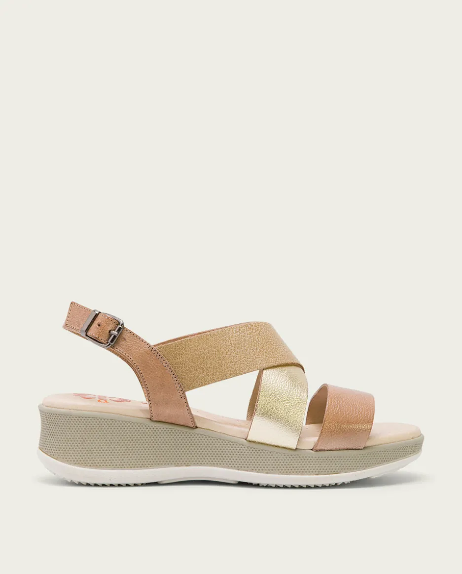 Sandalia Cuña Piel Taupe Platino Fiama