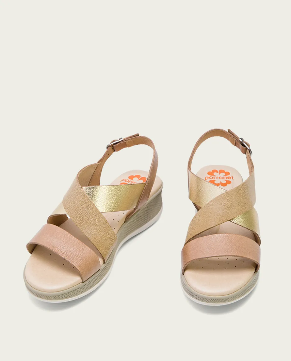 Sandalia Cuña Piel Taupe Platino Fiama