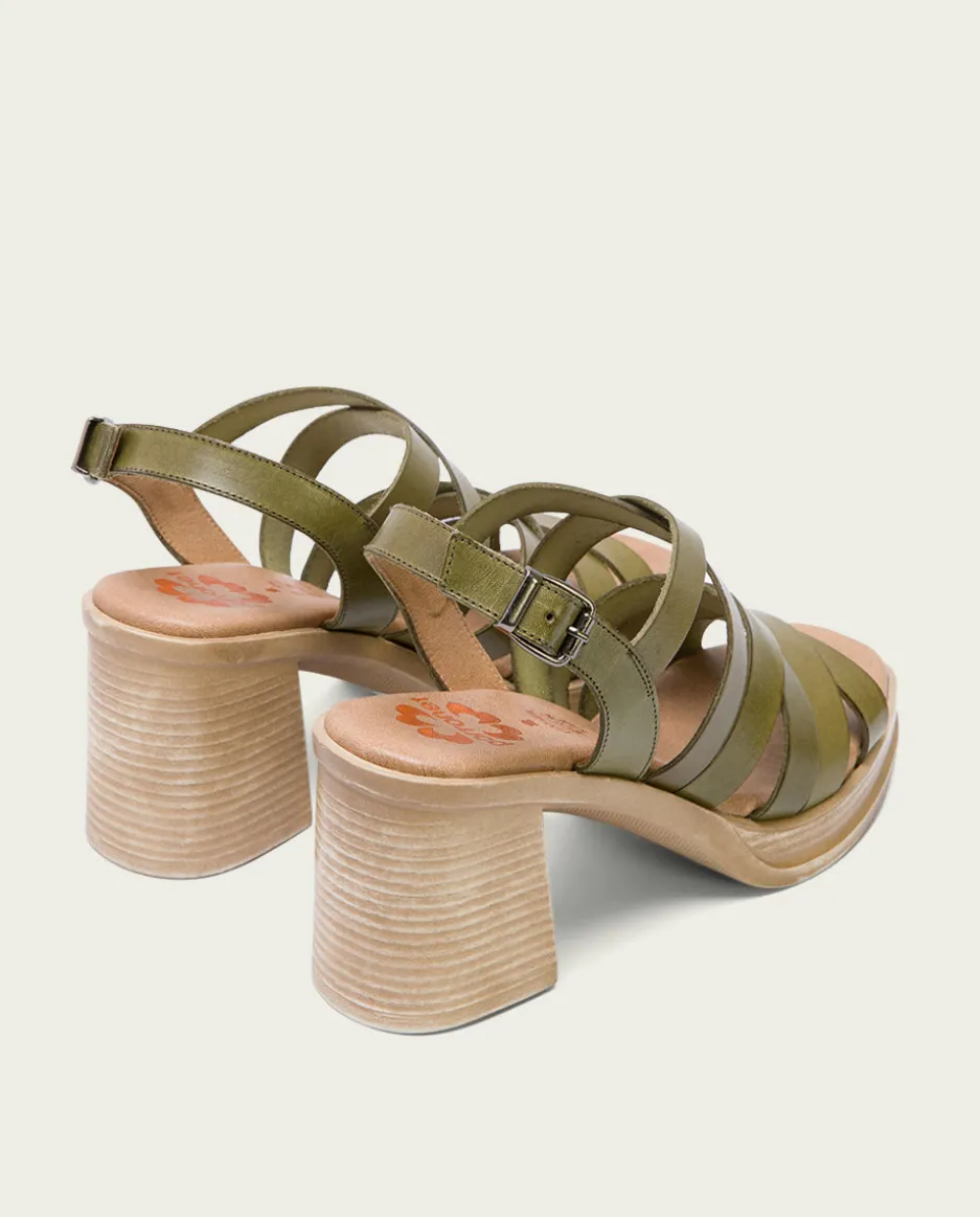 Sandalia Tacón Medio De Piel Kaki Nerea